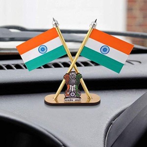 Voila Car Dashboard Indian Flag Cross Design Stand Satyamev Jayate Symbol Stand for Car Standard